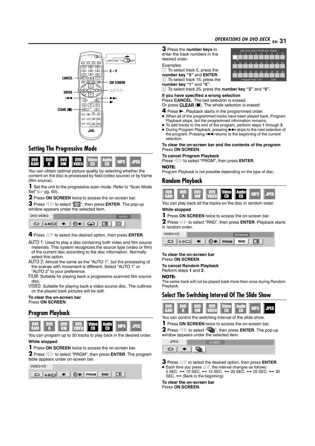 JVC SR-MV55U, SR-MV45U manual Setting The Progressive Mode, Random Playback, Program Playback 