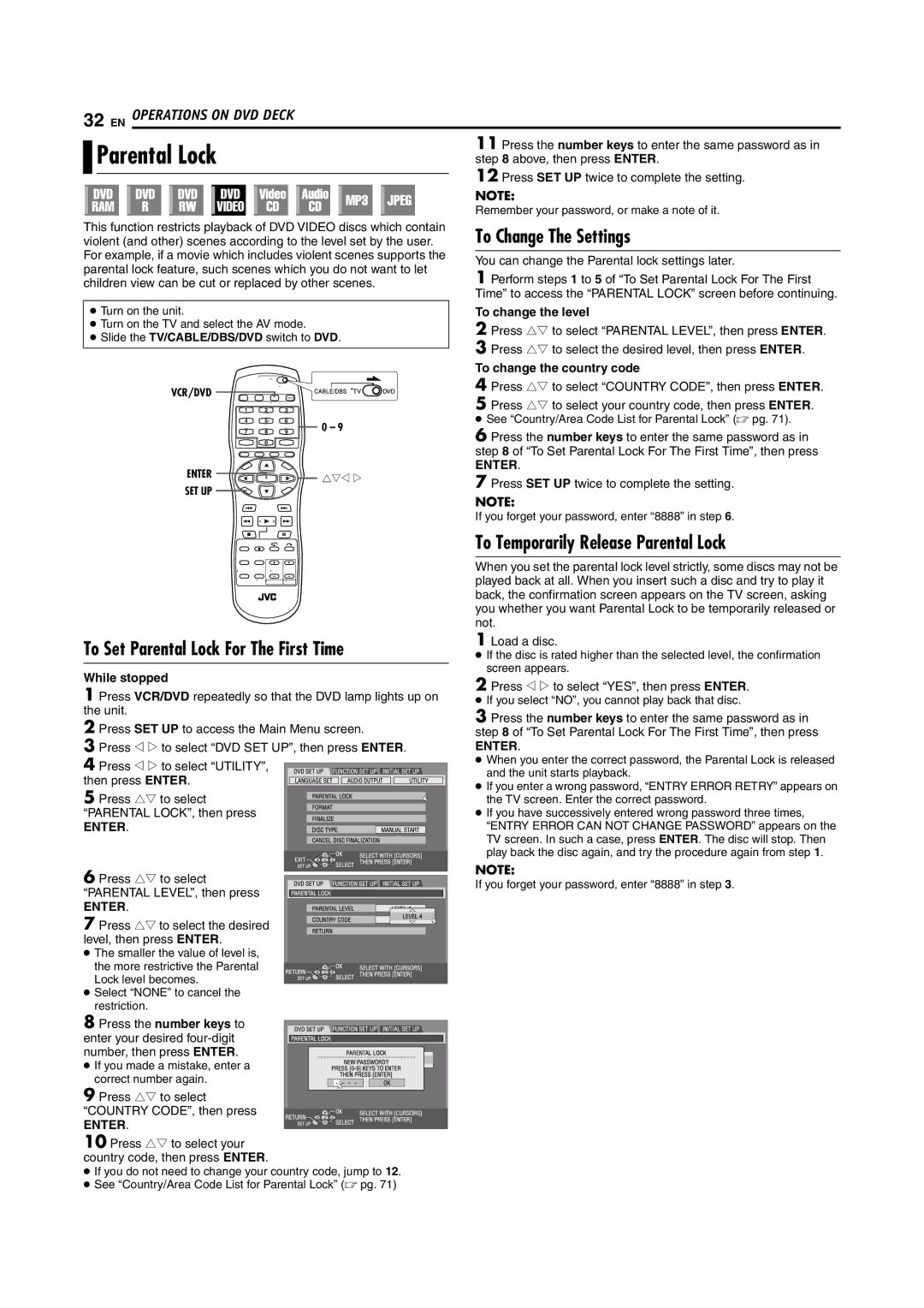 JVC SR-MV45U To Change The Settings, To Temporarily Release Parental Lock, To Set Parental Lock For The First Time 