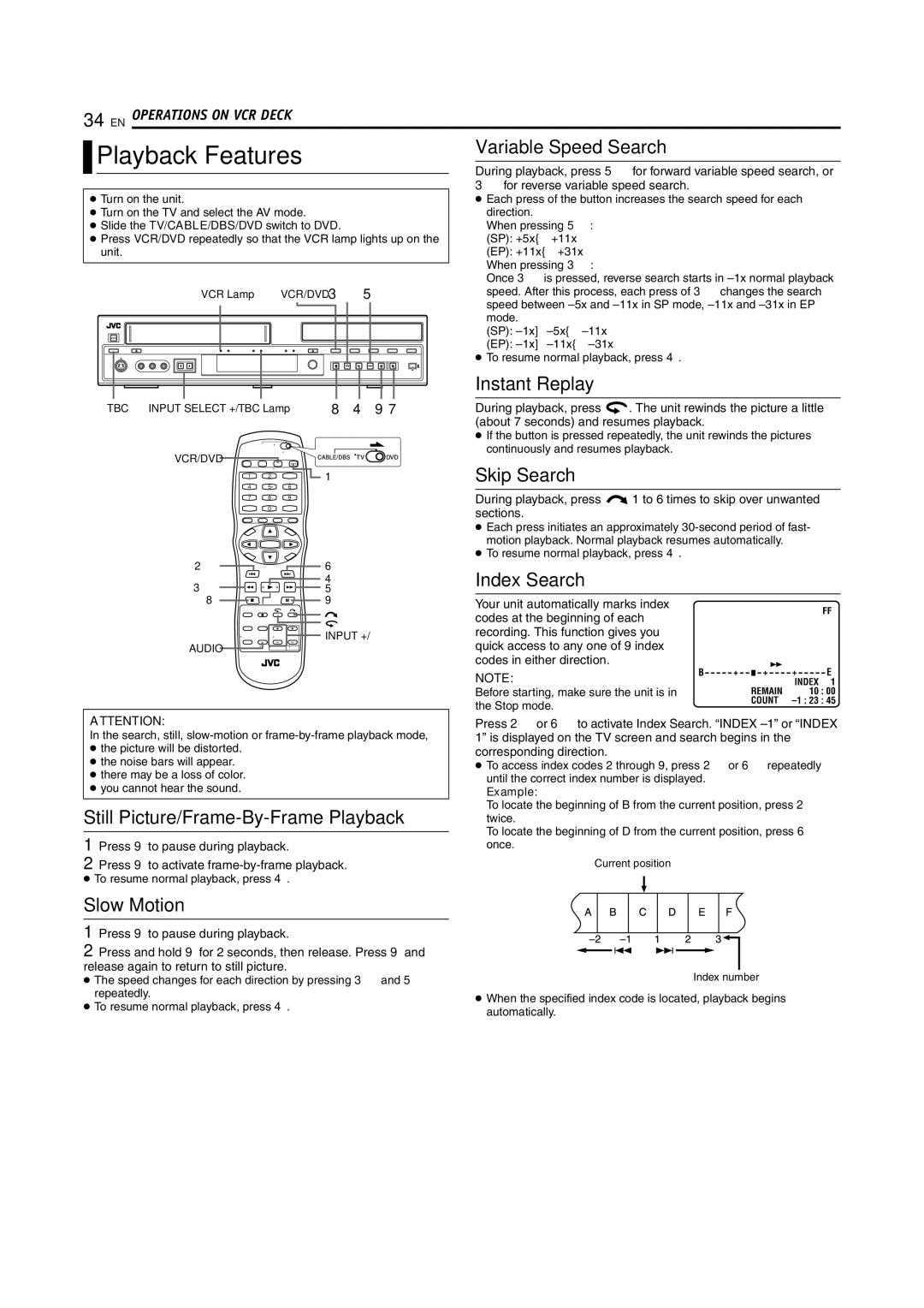 JVC SR-MV45U, SR-MV55U manual Index Search, For reverse variable speed search 