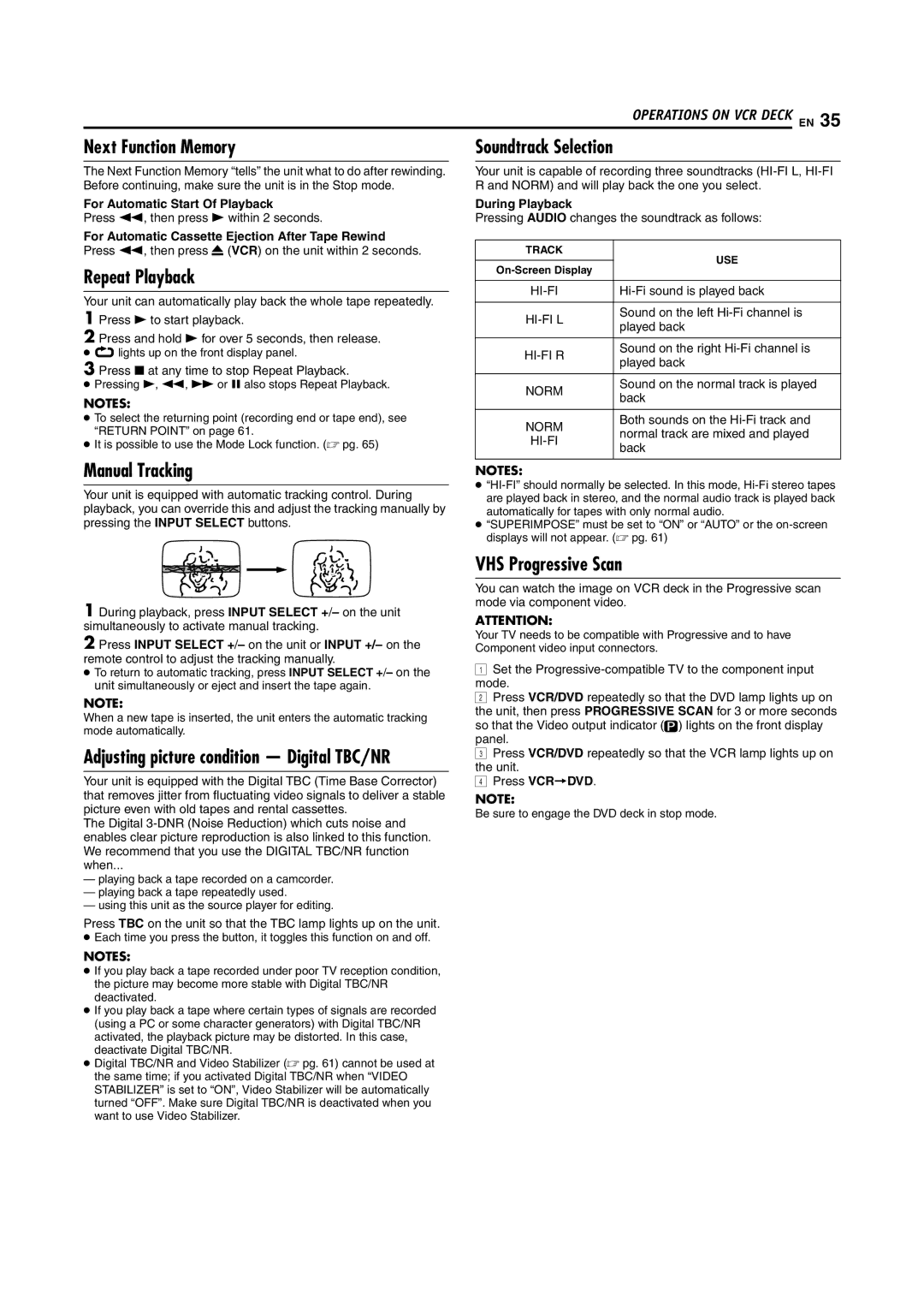 JVC SR-MV55U, SR-MV45U manual Next Function Memory, Manual Tracking, Soundtrack Selection, VHS Progressive Scan 