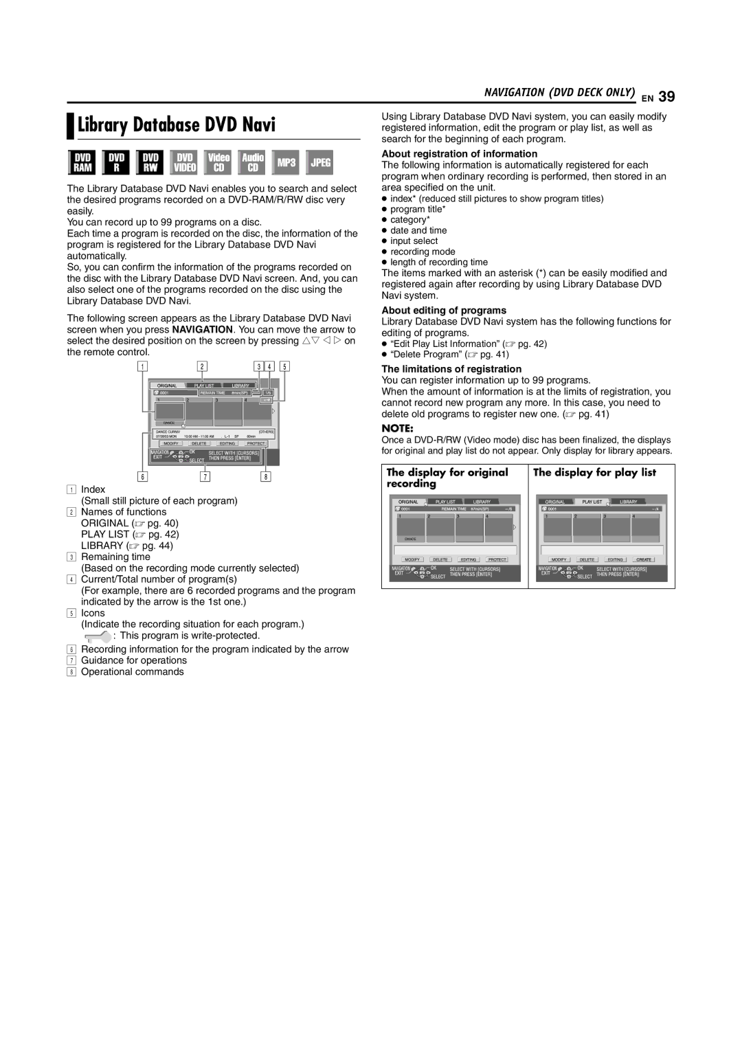 JVC SR-MV55U, SR-MV45U manual Library Database DVD Navi, About registration of information, About editing of programs 