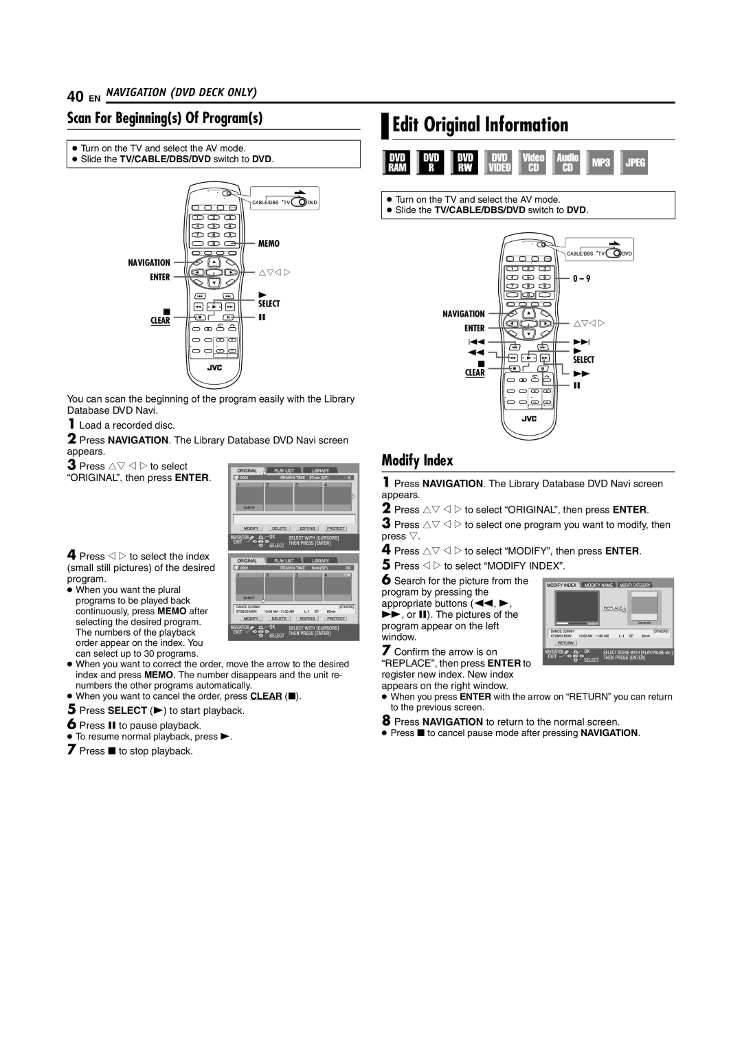 JVC SR-MV45U, SR-MV55U manual Scan For Beginnings Of Programs Edit Original Information, Modify Index 