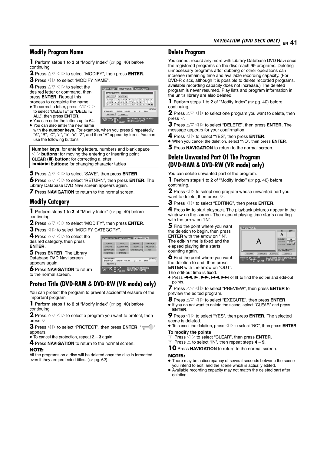 JVC SR-MV55U manual Modify Program Name, Modify Category, Delete Program, Press Navigation to return to the normal screen 