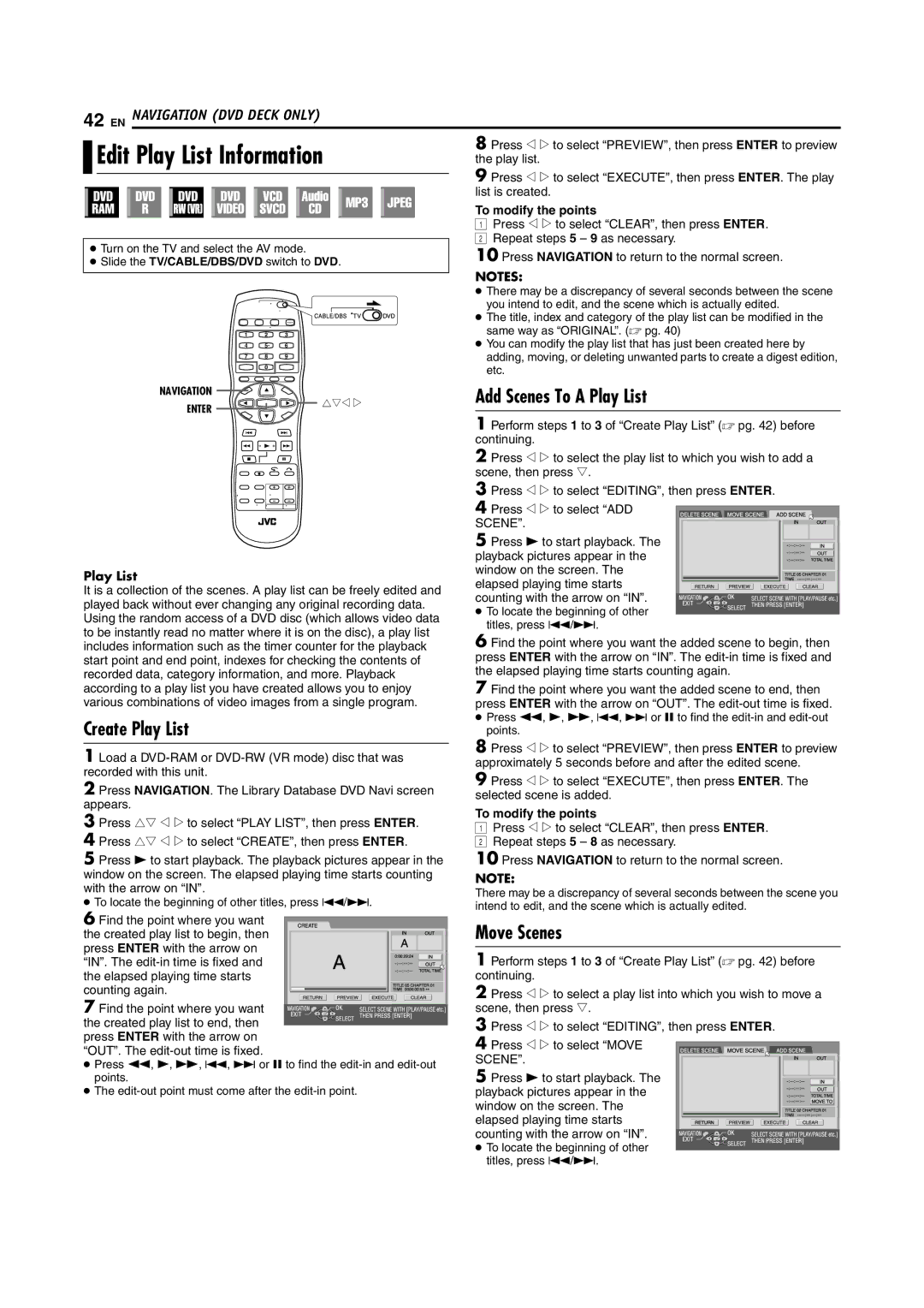 JVC SR-MV45U, SR-MV55U manual Edit Play List Information, Add Scenes To a Play List, Create Play List, Move Scenes 