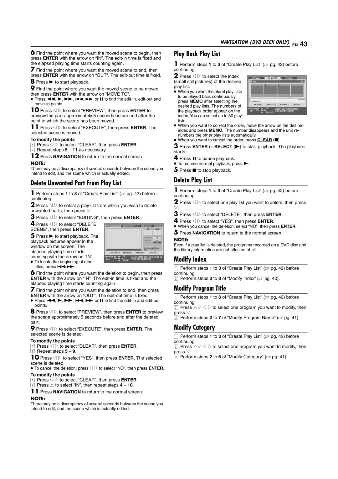 JVC SR-MV55U, SR-MV45U Play Back Play List, Delete Unwanted Part From Play List, Delete Play List, Modify Program Title 