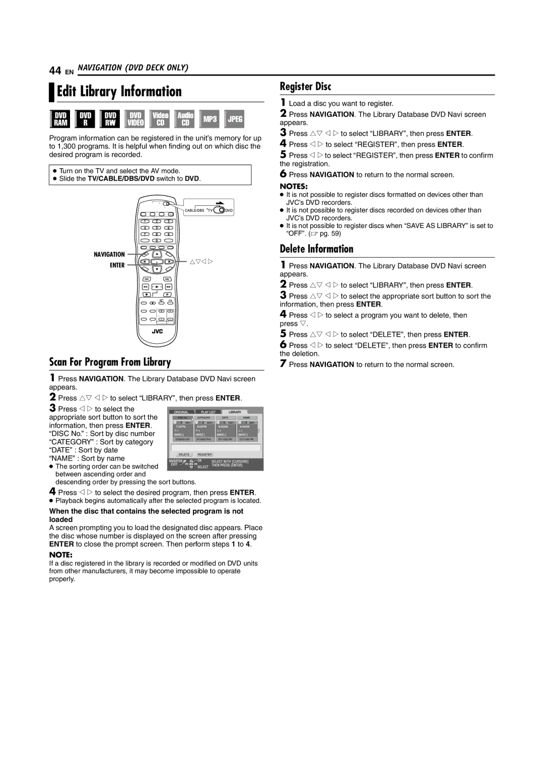 JVC SR-MV45U, SR-MV55U manual Edit Library Information, Register Disc, Scan For Program From Library, Delete Information 