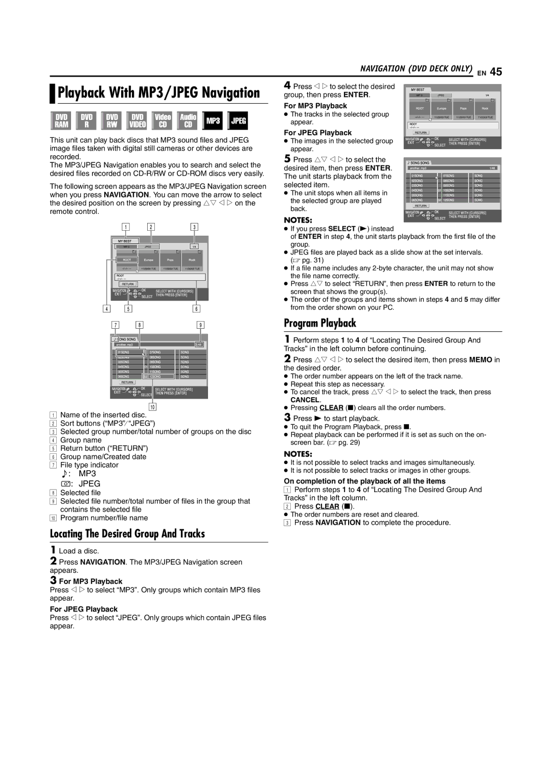 JVC SR-MV55U, SR-MV45U manual Locating The Desired Group And Tracks, For MP3 Playback, For Jpeg Playback 