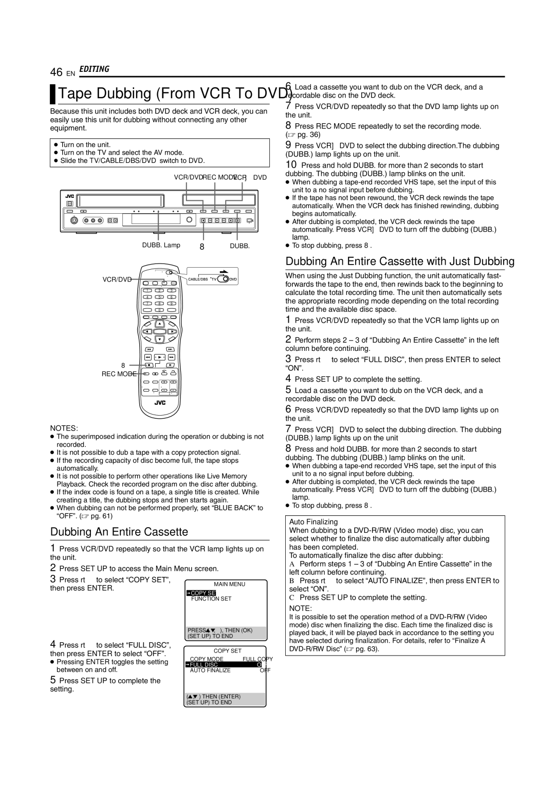 JVC SR-MV45U Dubbing An Entire Cassette, Auto Finalizing, Press rt to select Full Disc, Then press Enter to select OFF 