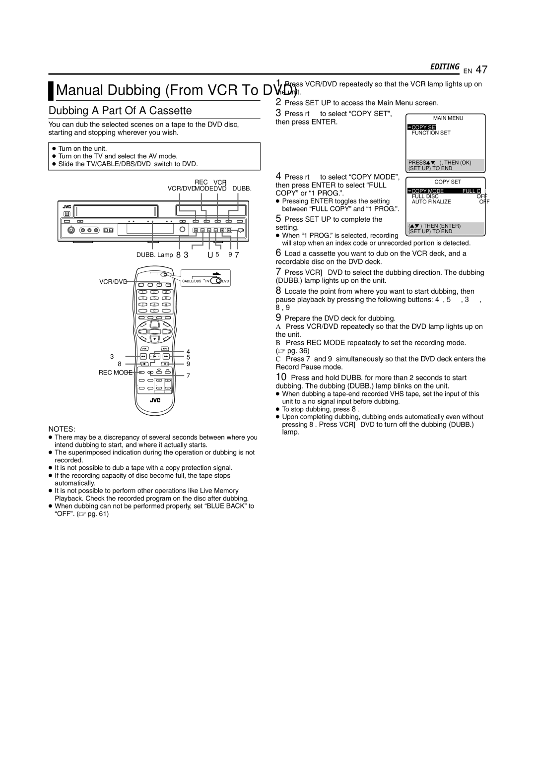 JVC SR-MV55U, SR-MV45U manual Dubbing a Part Of a Cassette, Setting 