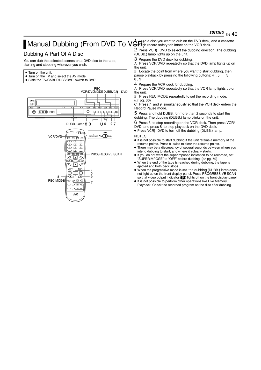 JVC SR-MV55U, SR-MV45U manual Dubbing a Part Of a Disc 