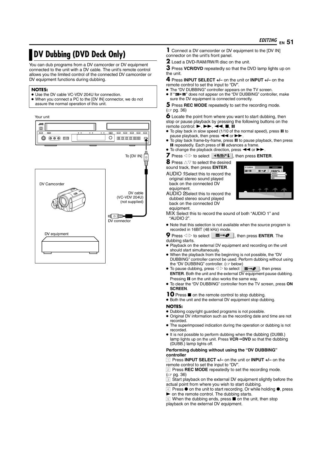 JVC SR-MV55U, SR-MV45U manual DV Dubbing DVD Deck Only, Performing dubbing without using the DV Dubbing controller 