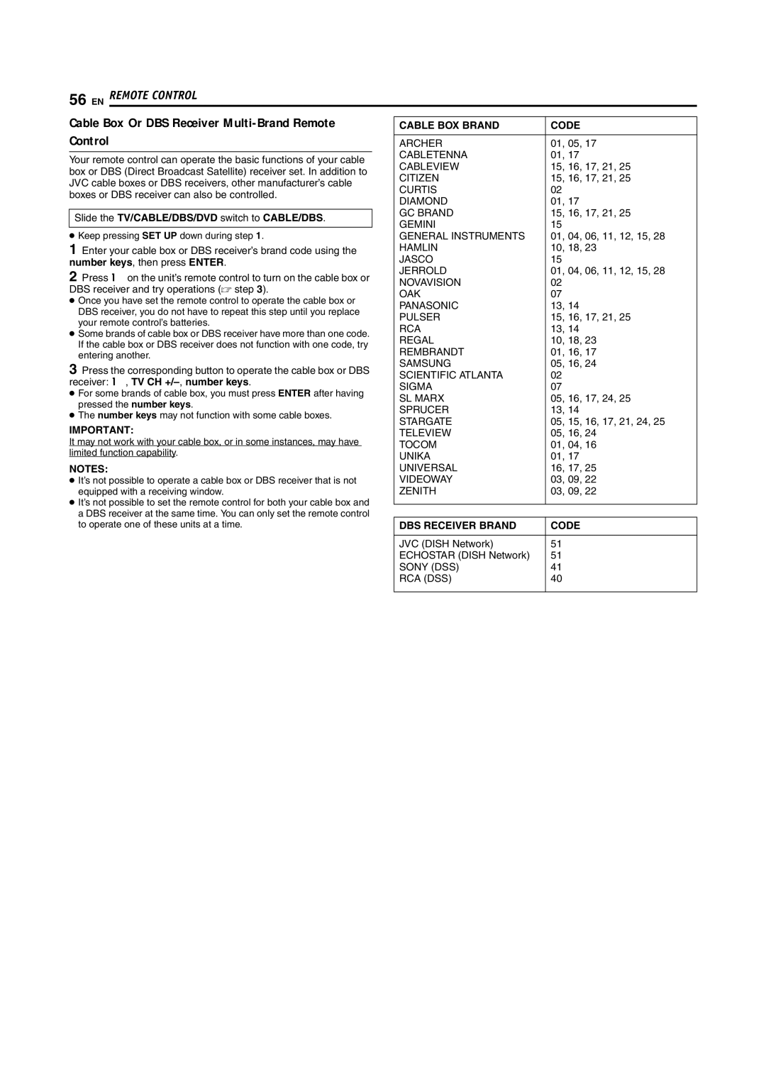 JVC SR-MV45U, SR-MV55U manual Control, Slide the TV/CABLE/DBS/DVD switch to CABLE/DBS, Number keys, then press Enter 