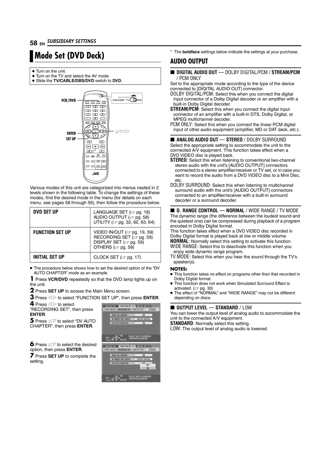 JVC SR-MV45U, SR-MV55U manual Mode Set DVD Deck 