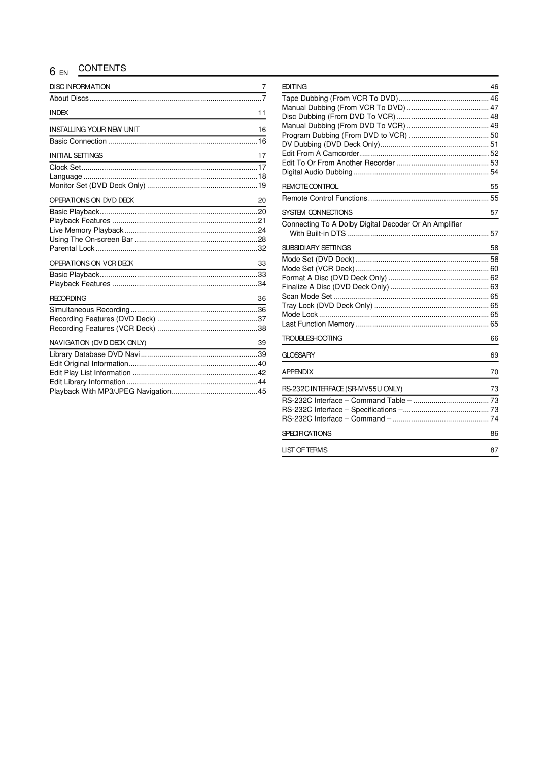 JVC SR-MV45U, SR-MV55U manual Contents 