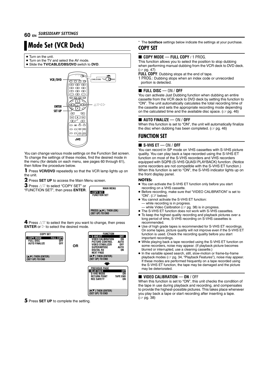 JVC SR-MV45U, SR-MV55U manual Mode Set VCR Deck, Function SET, then press Enter 