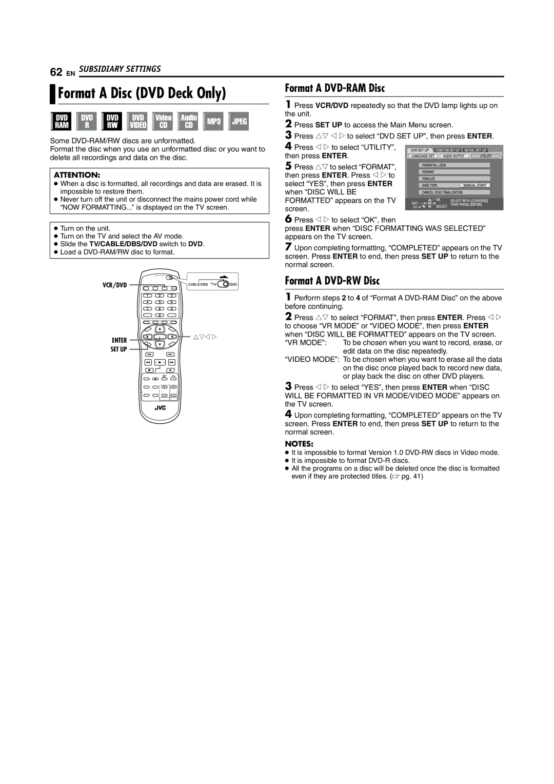 JVC SR-MV45U, SR-MV55U manual Format a Disc DVD Deck Only, Format a DVD-RAM Disc, Format a DVD-RW Disc 