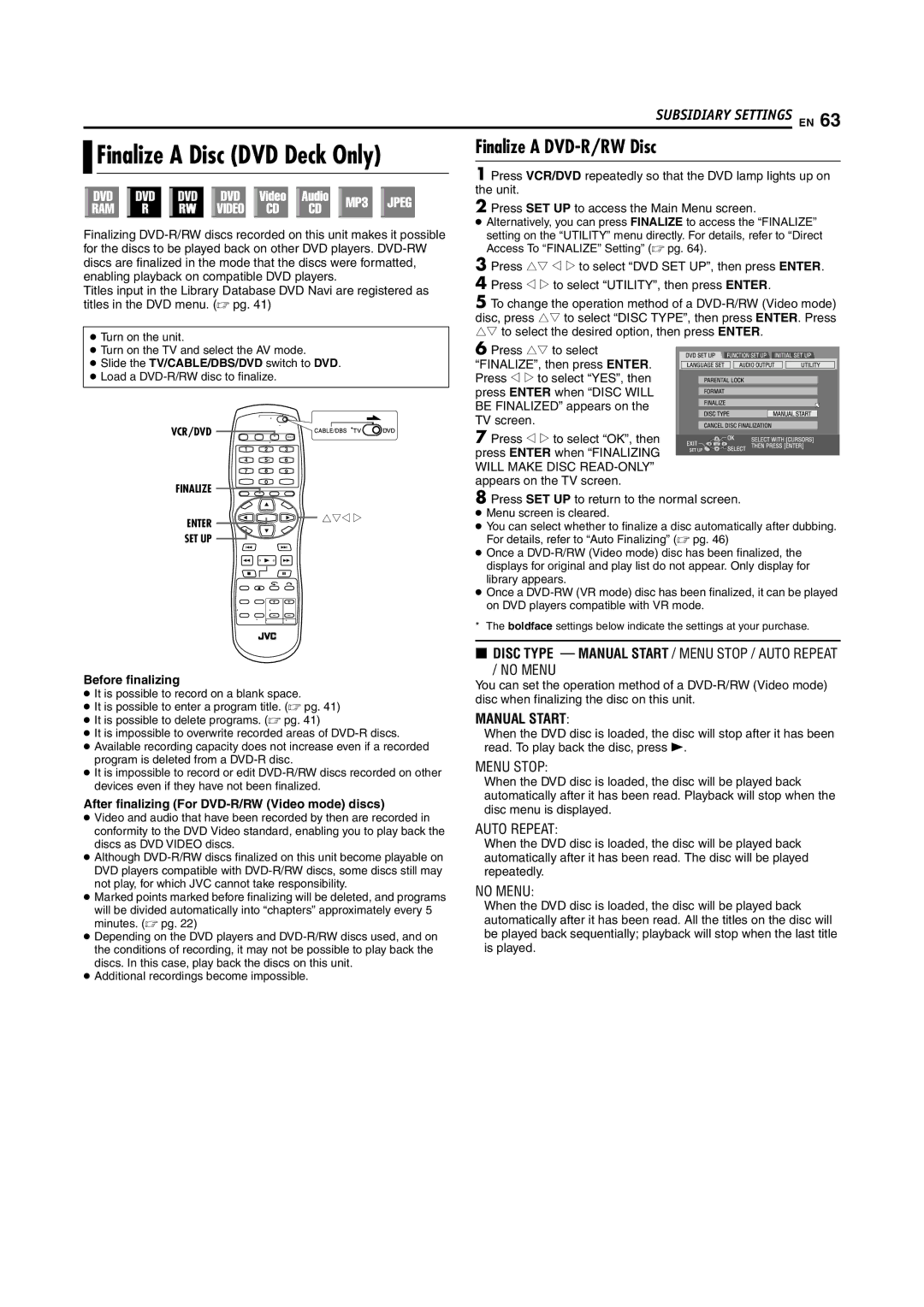 JVC SR-MV55U manual Finalize a Disc DVD Deck Only, Finalize a DVD-R/RW Disc, After finalizing For DVD-R/RW Video mode discs 