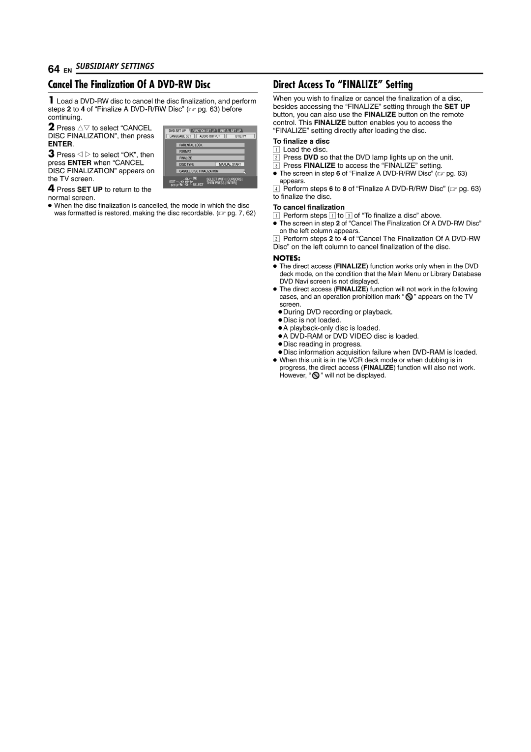 JVC SR-MV45U, SR-MV55U manual Cancel The Finalization Of a DVD-RW Disc, To finalize a disc, To cancel finalization 