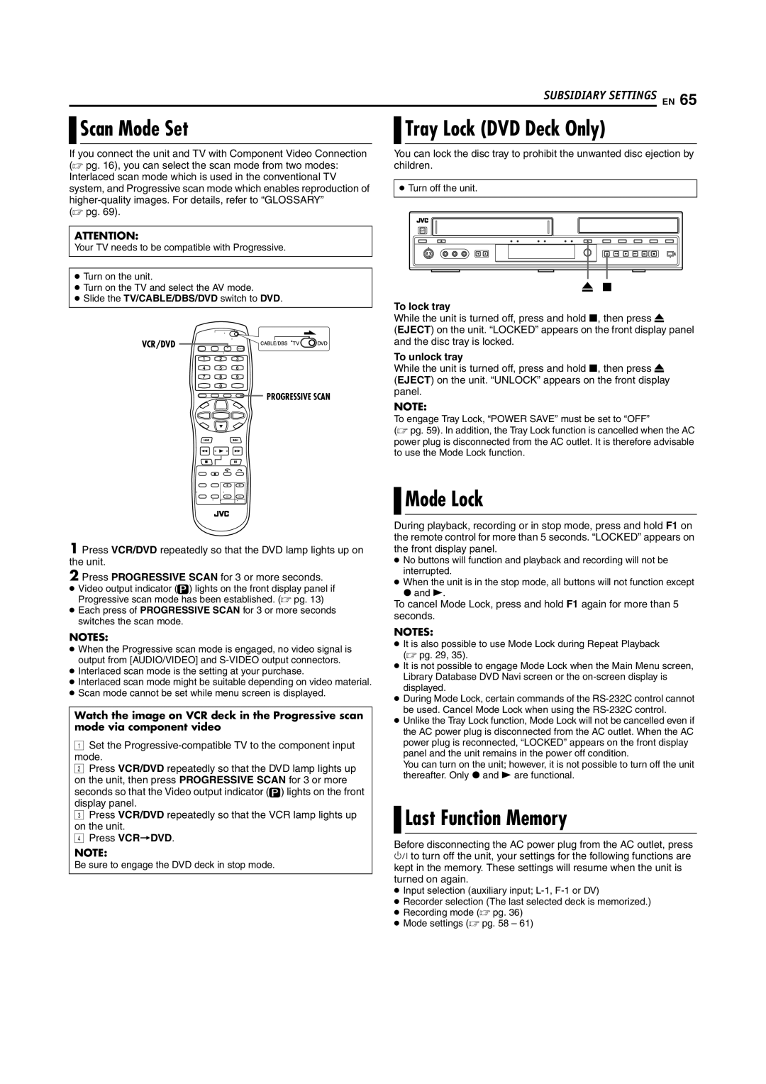 JVC SR-MV55U, SR-MV45U manual Scan Mode Set, Tray Lock DVD Deck Only, Mode Lock, Last Function Memory 