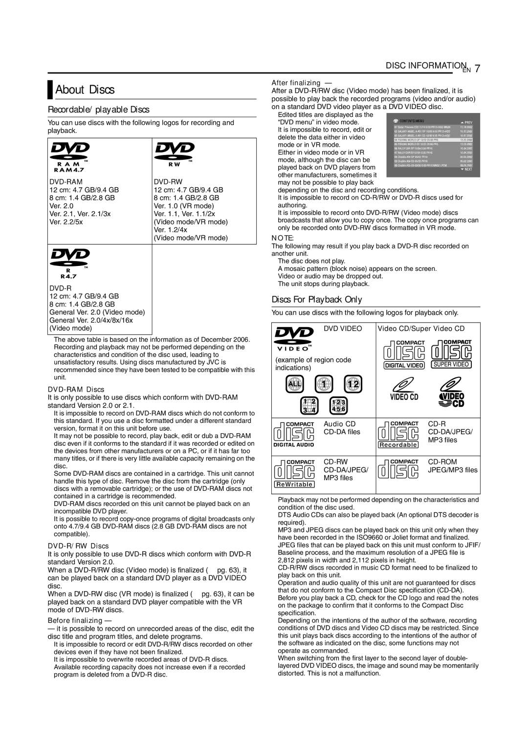 JVC SR-MV55U, SR-MV45U manual About Discs, Recordable/playable Discs, Discs For Playback Only 