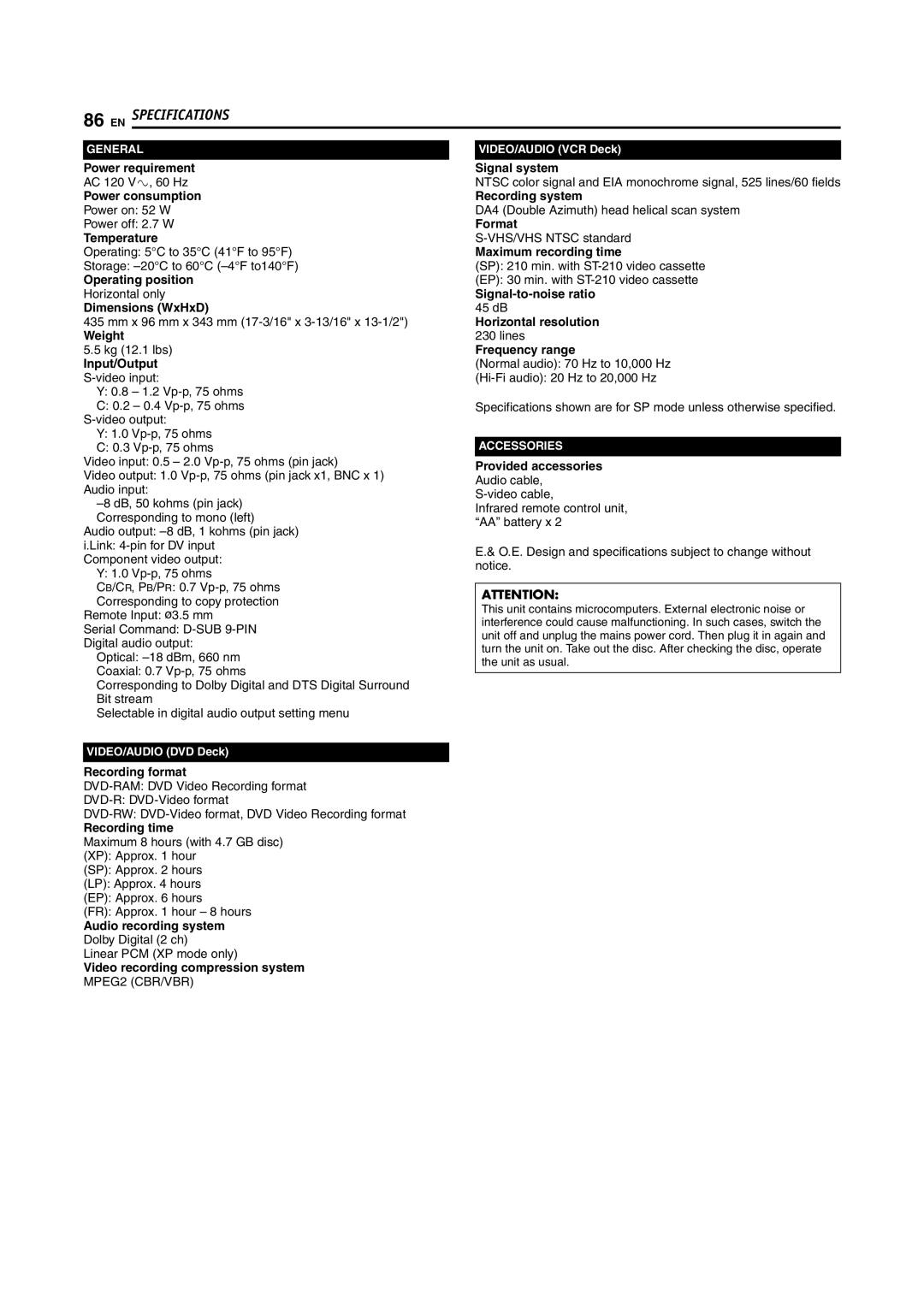 JVC SR-MV45U manual Power requirement, Power consumption, Temperature, Operating position, Dimensions WxHxD, Weight, Format 