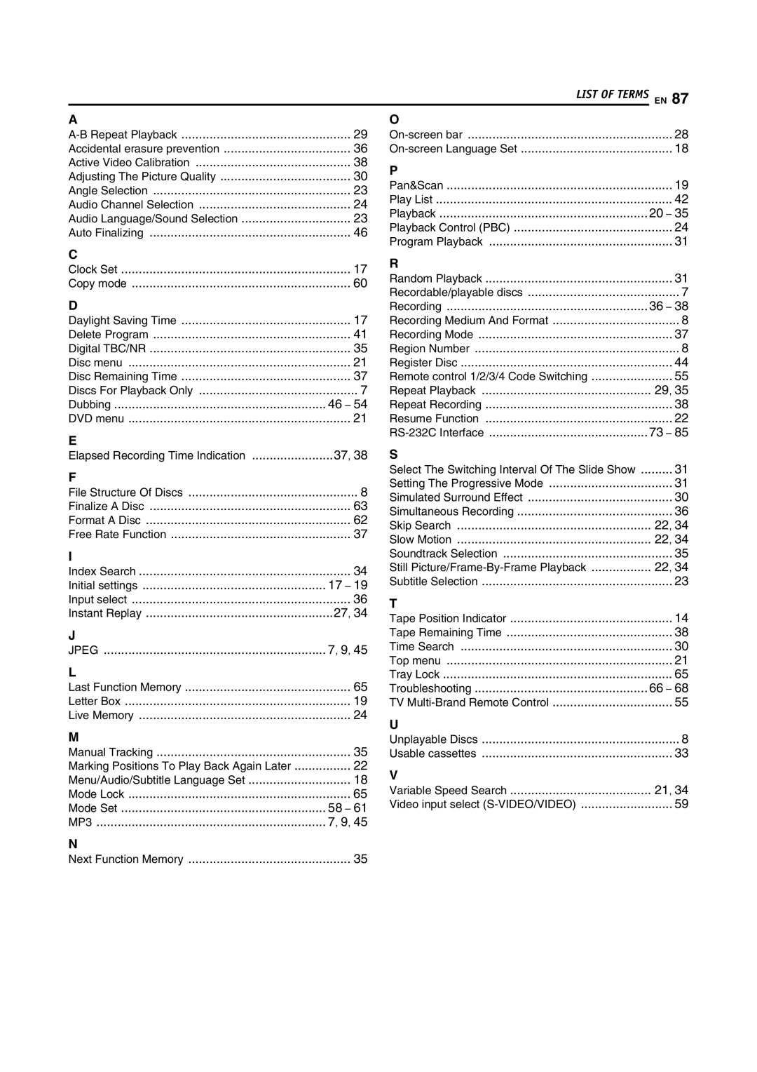 JVC SR-MV55U Audio Language/Sound Selection, Remote control 1/2/3/4 Code Switching, Elapsed Recording Time Indication 