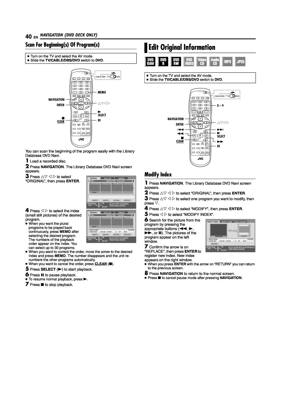 JVC SR-MV45U manual Scan For Beginnings Of Programs, Edit Original Information, Modify Index, En Navigation Dvd Deck Only 