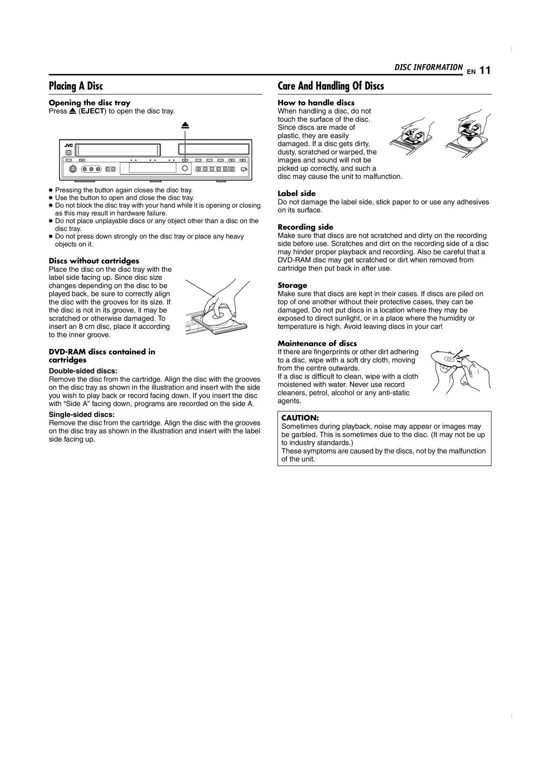 JVC SR-MV50U manual Placing a Disc, Care And Handling Of Discs 