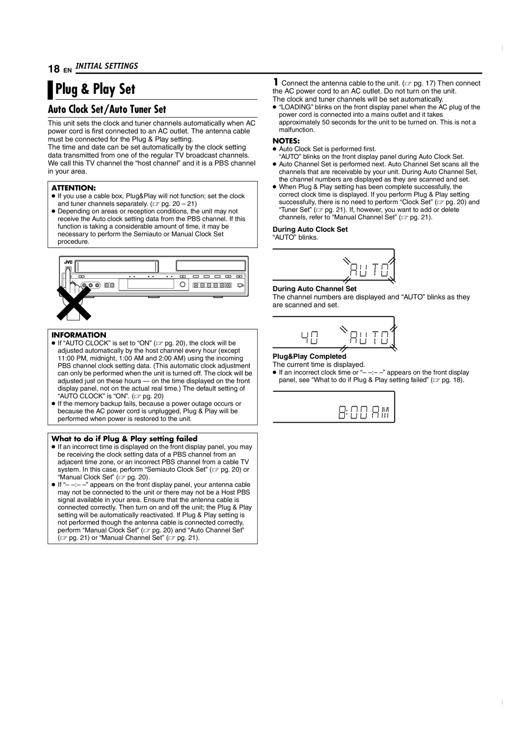JVC SR-MV50U manual Plug & Play Set, Auto Clock Set/Auto Tuner Set, What to do if Plug & Play setting failed 