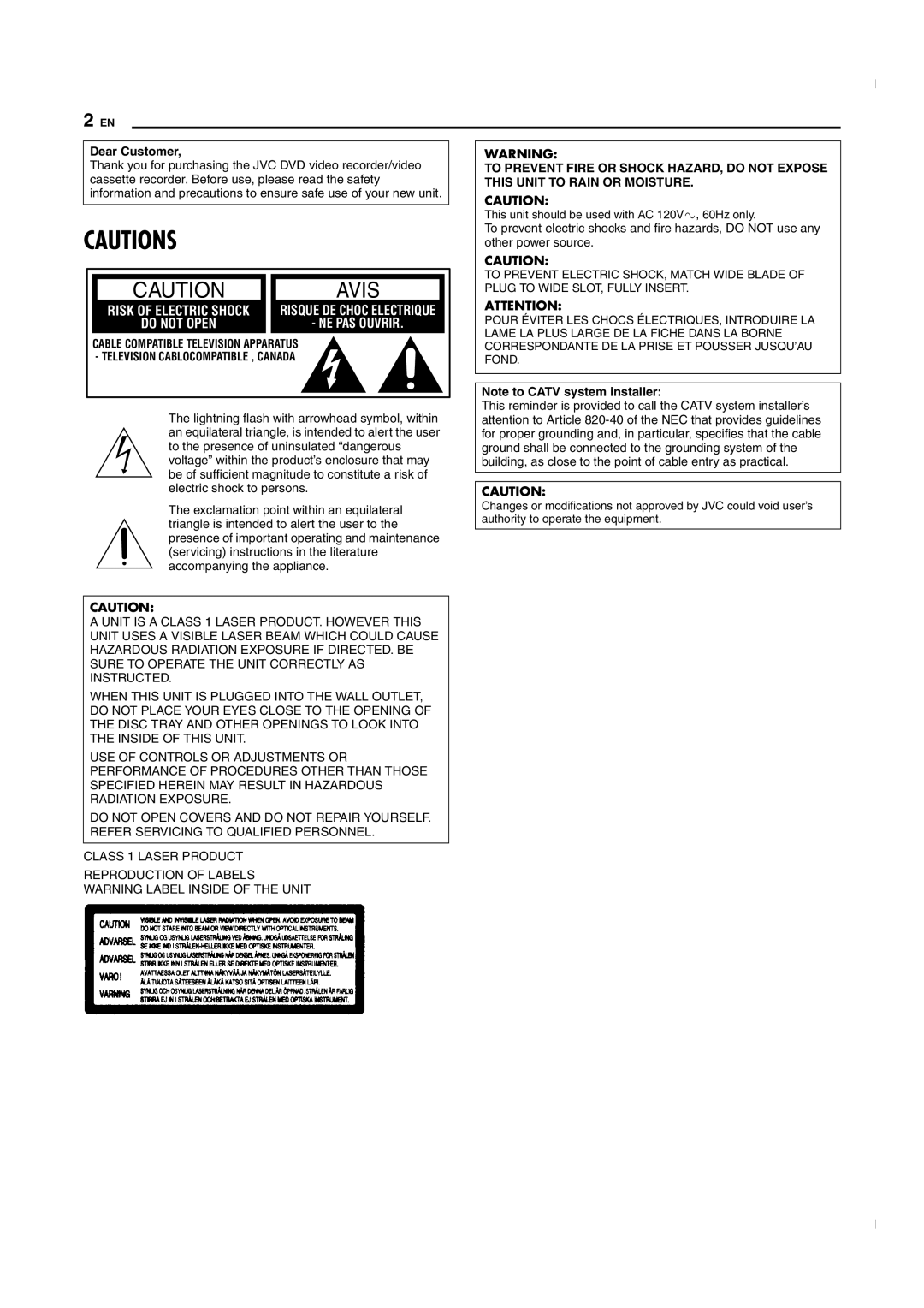 JVC SR-MV50U manual Dear Customer, This unit should be used with AC 120Vd, 60Hz only 