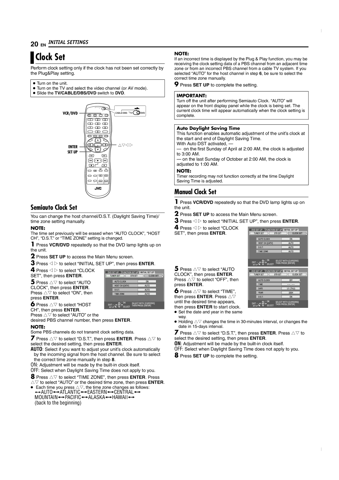 JVC SR-MV50U manual Semiauto Clock Set, Manual Clock Set, Auto Daylight Saving Time 