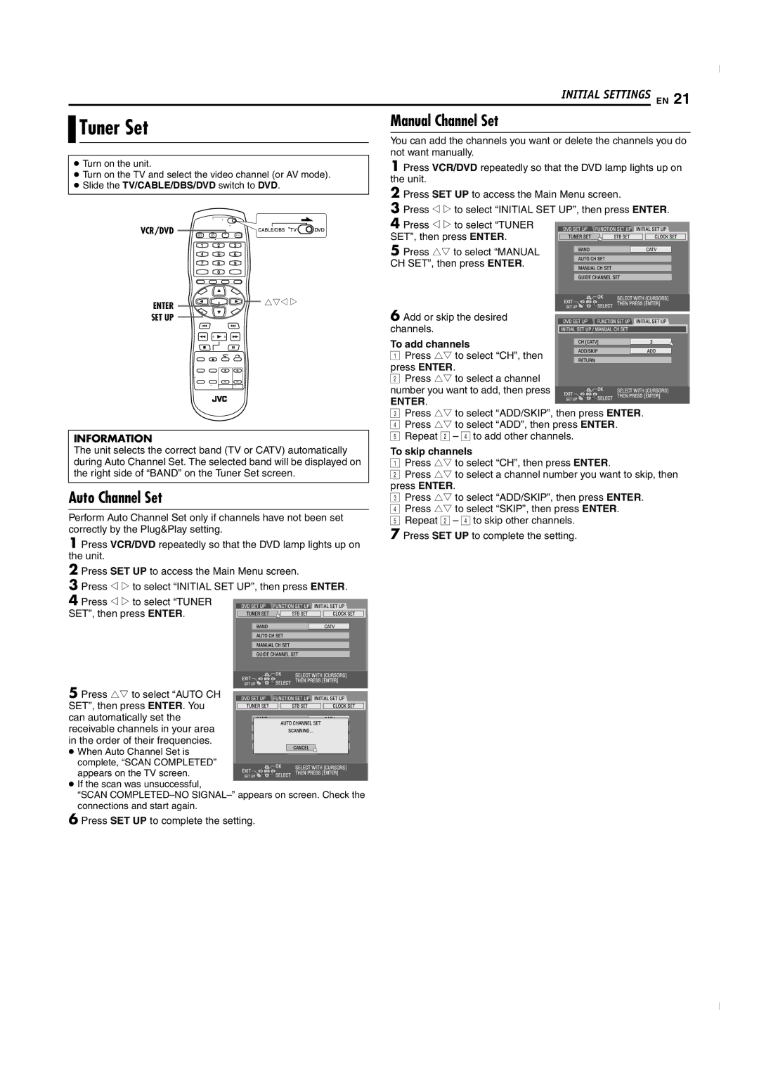 JVC SR-MV50U manual Tuner Set, Auto Channel Set, Manual Channel Set, To add channels, To skip channels 