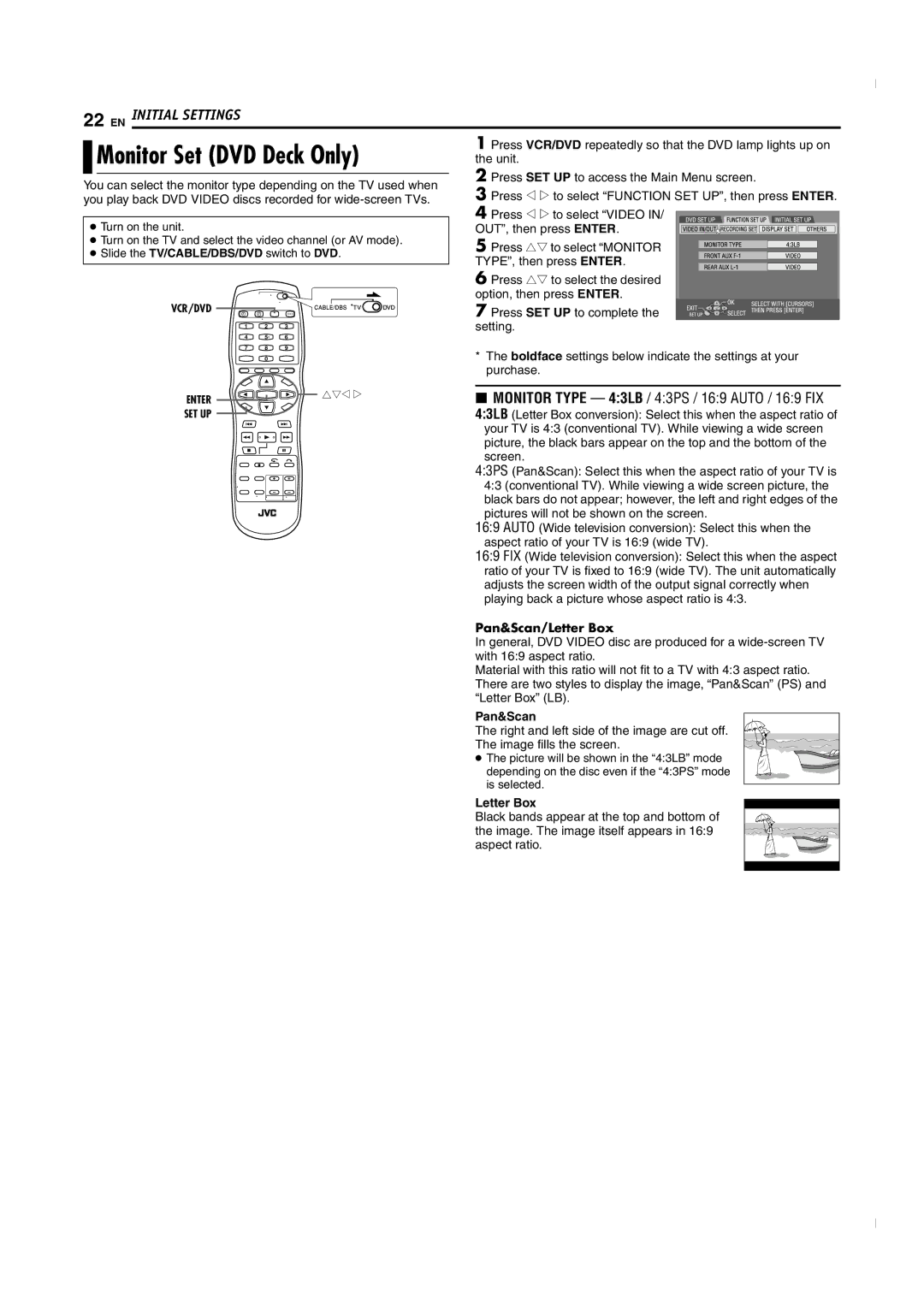 JVC SR-MV50U manual Monitor Set DVD Deck Only, Pan&Scan/Letter Box 