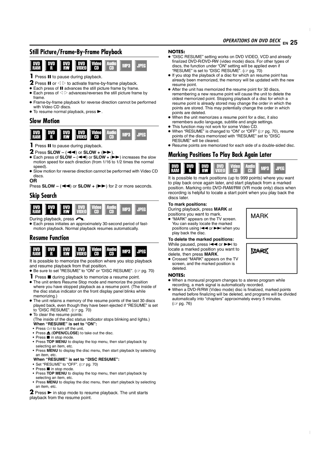 JVC SR-MV50U manual Still Picture/Frame-By-Frame Playback, Slow Motion, Skip Search, To mark positions 