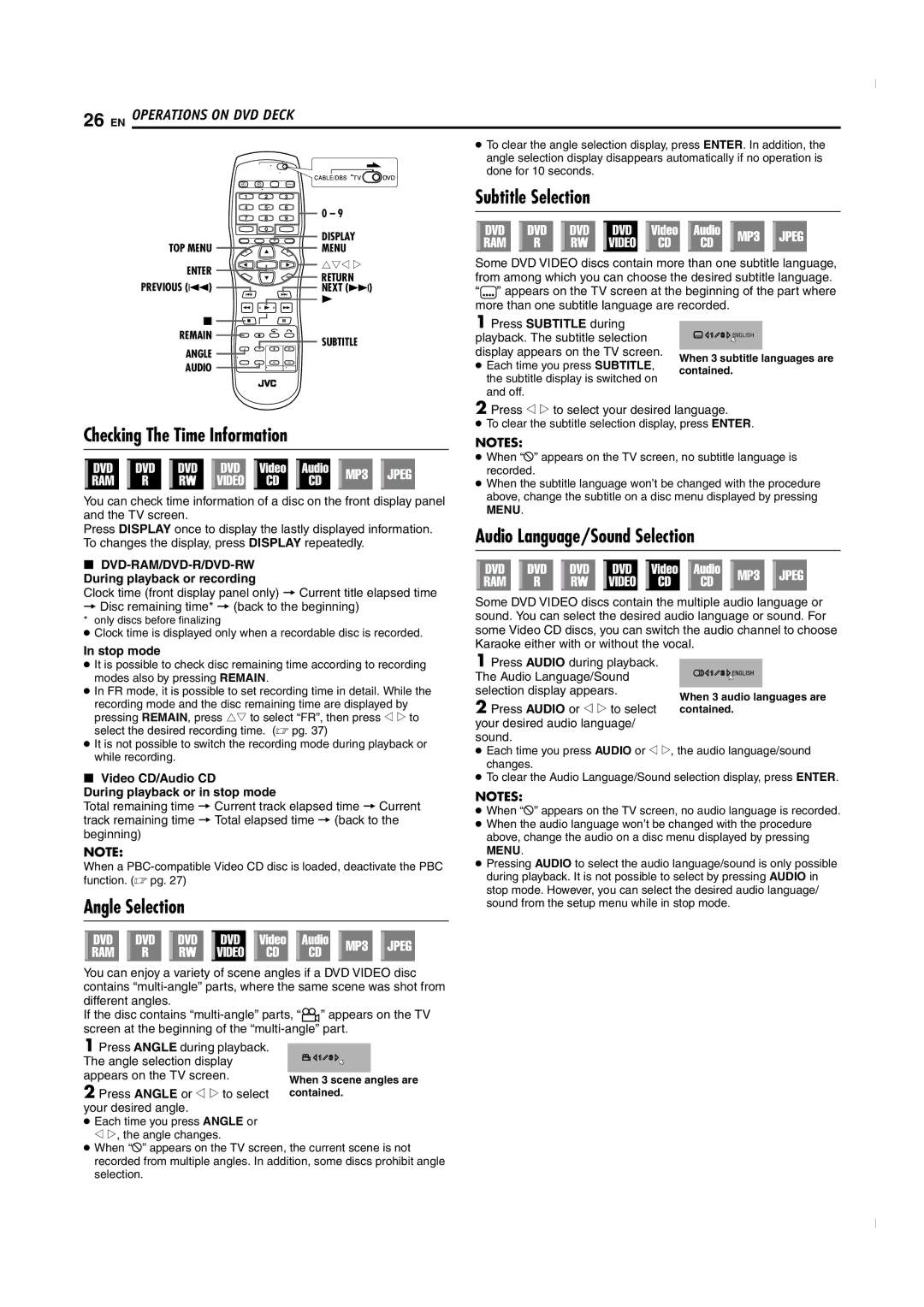 JVC SR-MV50U manual Checking The Time Information, Angle Selection, Subtitle Selection, Audio Language/Sound Selection 