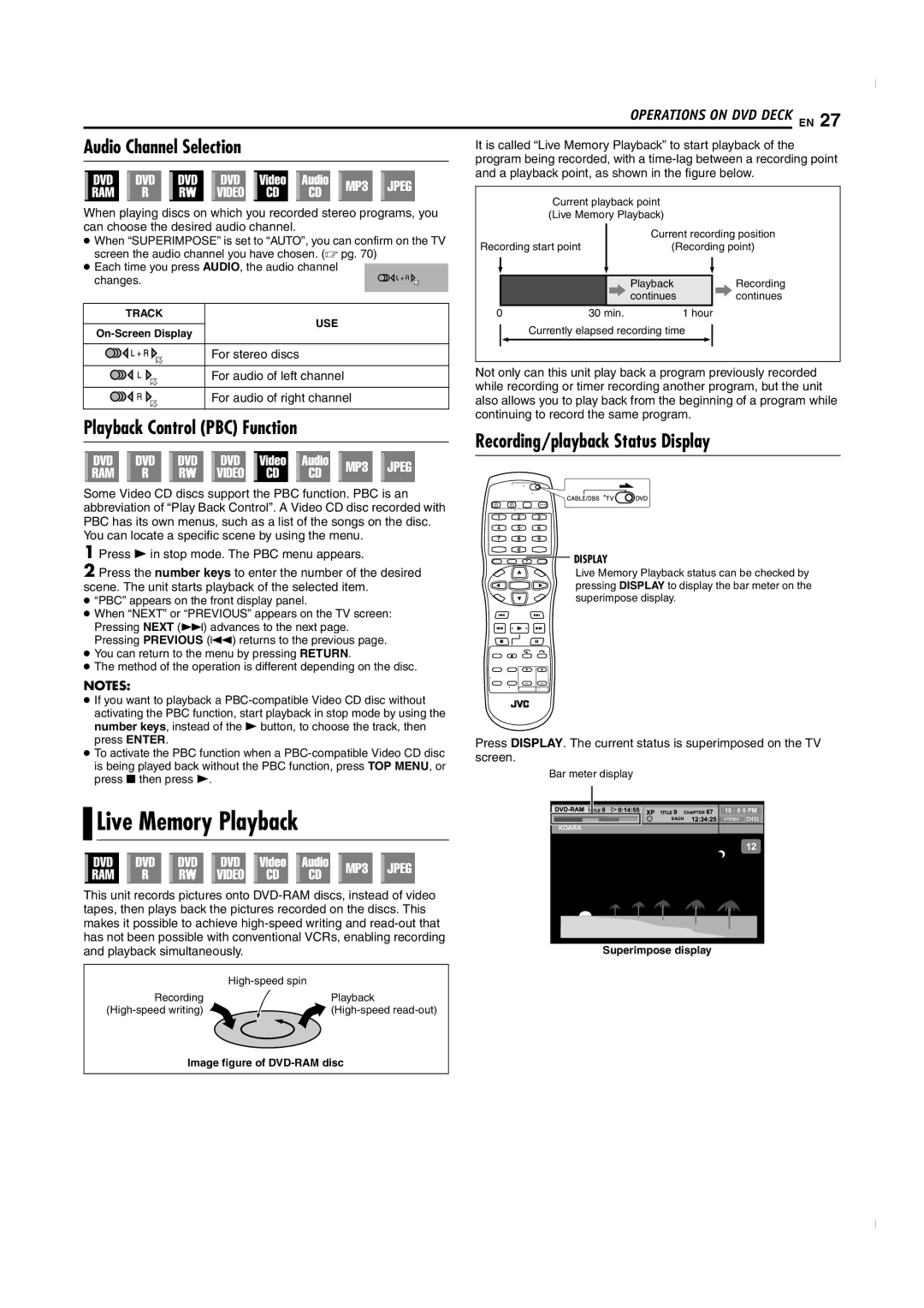 JVC SR-MV50U manual Live Memory Playback, Audio Channel Selection, Playback Control PBC Function 