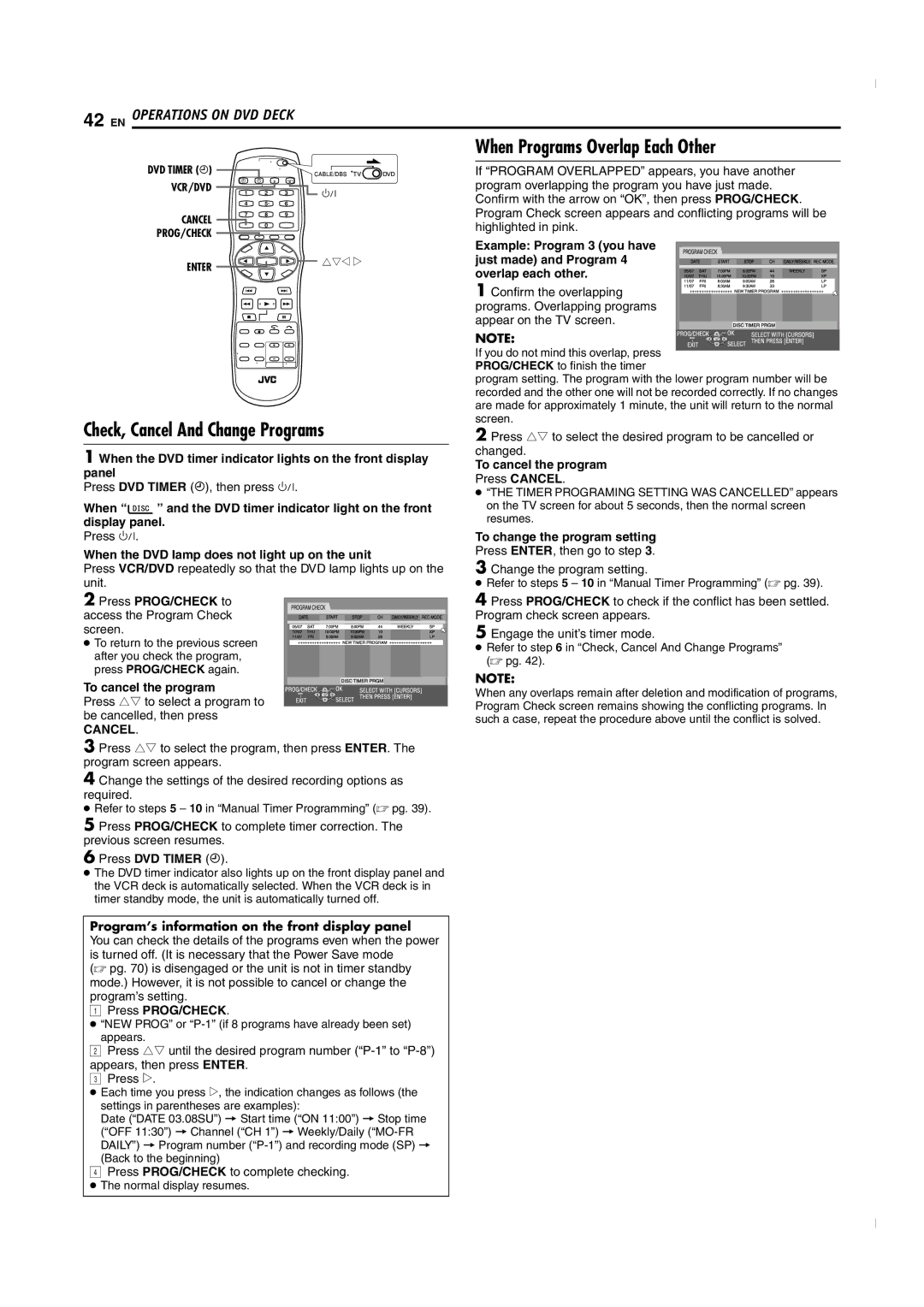 JVC SR-MV50U manual When Programs Overlap Each Other, Check, Cancel And Change Programs 