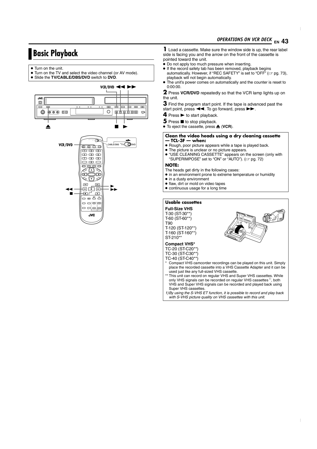 JVC SR-MV50U manual Usable cassettes Full-Size VHS, 30 ST-30 60 ST-60 T90 120 ST-120 160 ST-160 ST-210, Compact VHS 