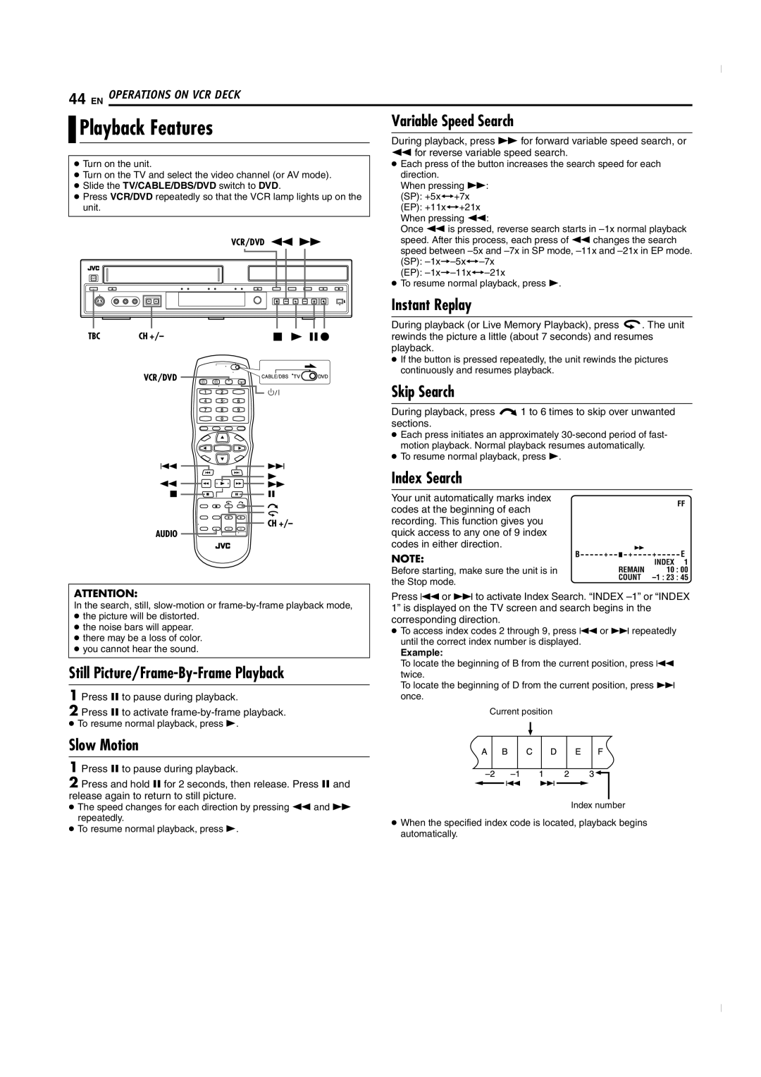 JVC SR-MV50U manual Index Search, For reverse variable speed search, During playback or Live Memory Playback, press Unit 