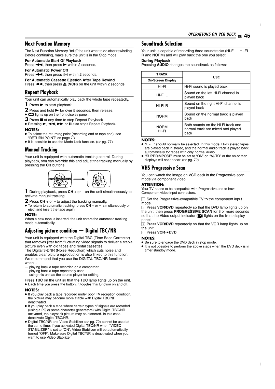 JVC SR-MV50U manual Next Function Memory, Manual Tracking, Soundtrack Selection, VHS Progressive Scan 