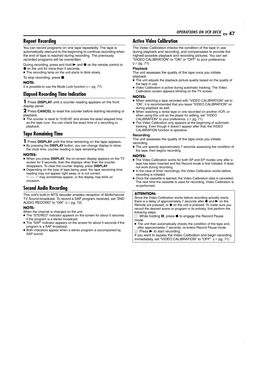 JVC SR-MV50U Repeat Recording Active Video Calibration, Elapsed Recording Time Indication, Tape Remaining Time, Playback 