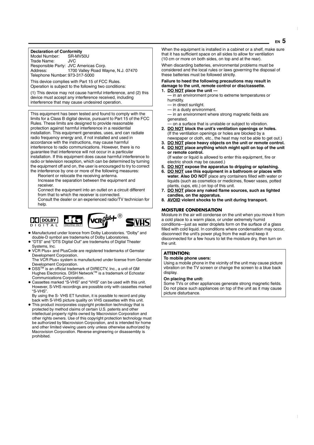 JVC SR-MV50U manual Declaration of Conformity, Do not place the unit, To mobile phone users, On placing the unit 