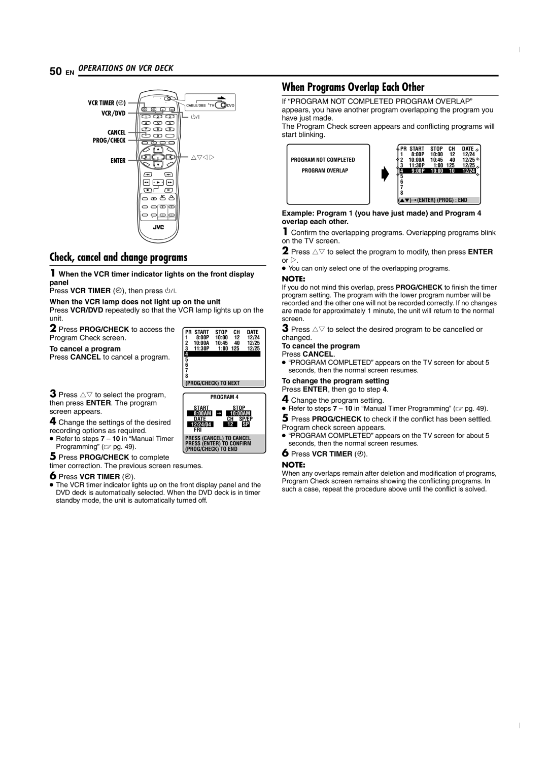 JVC SR-MV50U manual When the VCR lamp does not light up on the unit, To cancel a program, Press VCR Timer # 