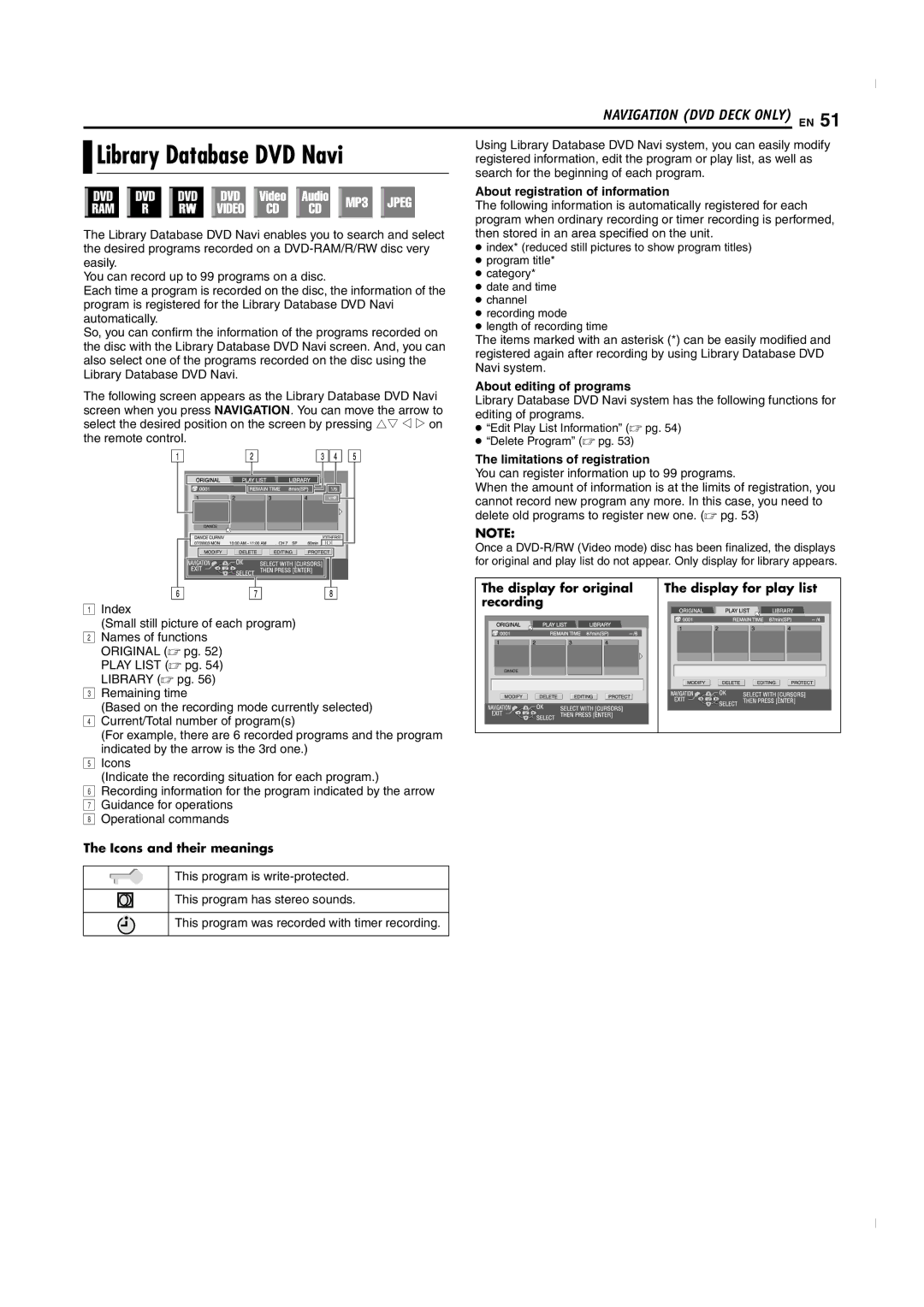 JVC SR-MV50U manual Library Database DVD Navi, About registration of information, About editing of programs 