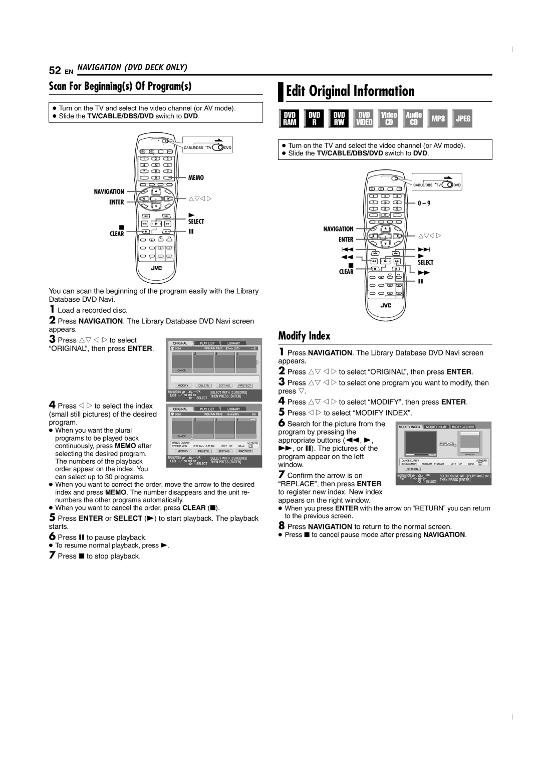 JVC SR-MV50U manual Scan For Beginnings Of Programs Edit Original Information, Modify Index, When you want the plural 