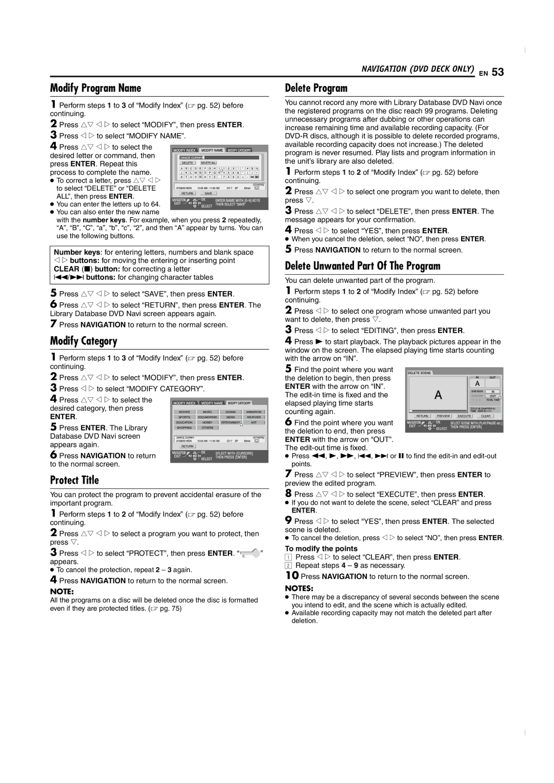 JVC SR-MV50U Modify Program Name, Modify Category, Protect Title, Delete Program, Delete Unwanted Part Of The Program 