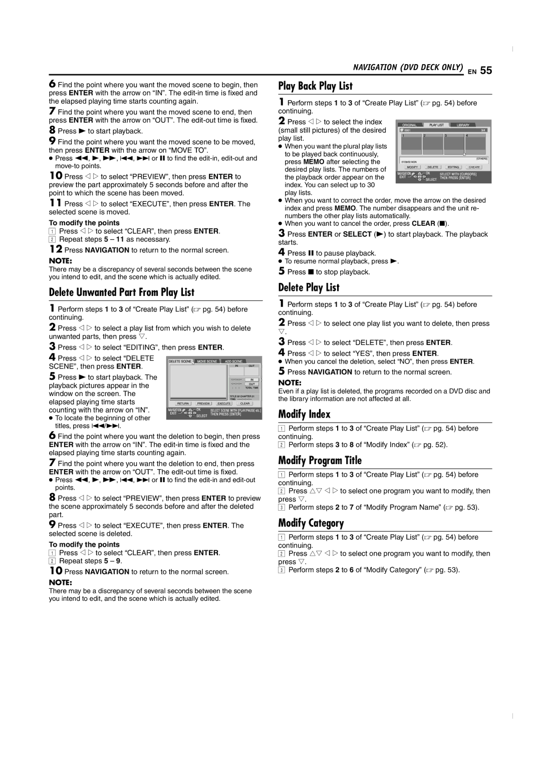 JVC SR-MV50U manual Play Back Play List, Delete Unwanted Part From Play List, Delete Play List, Modify Program Title 