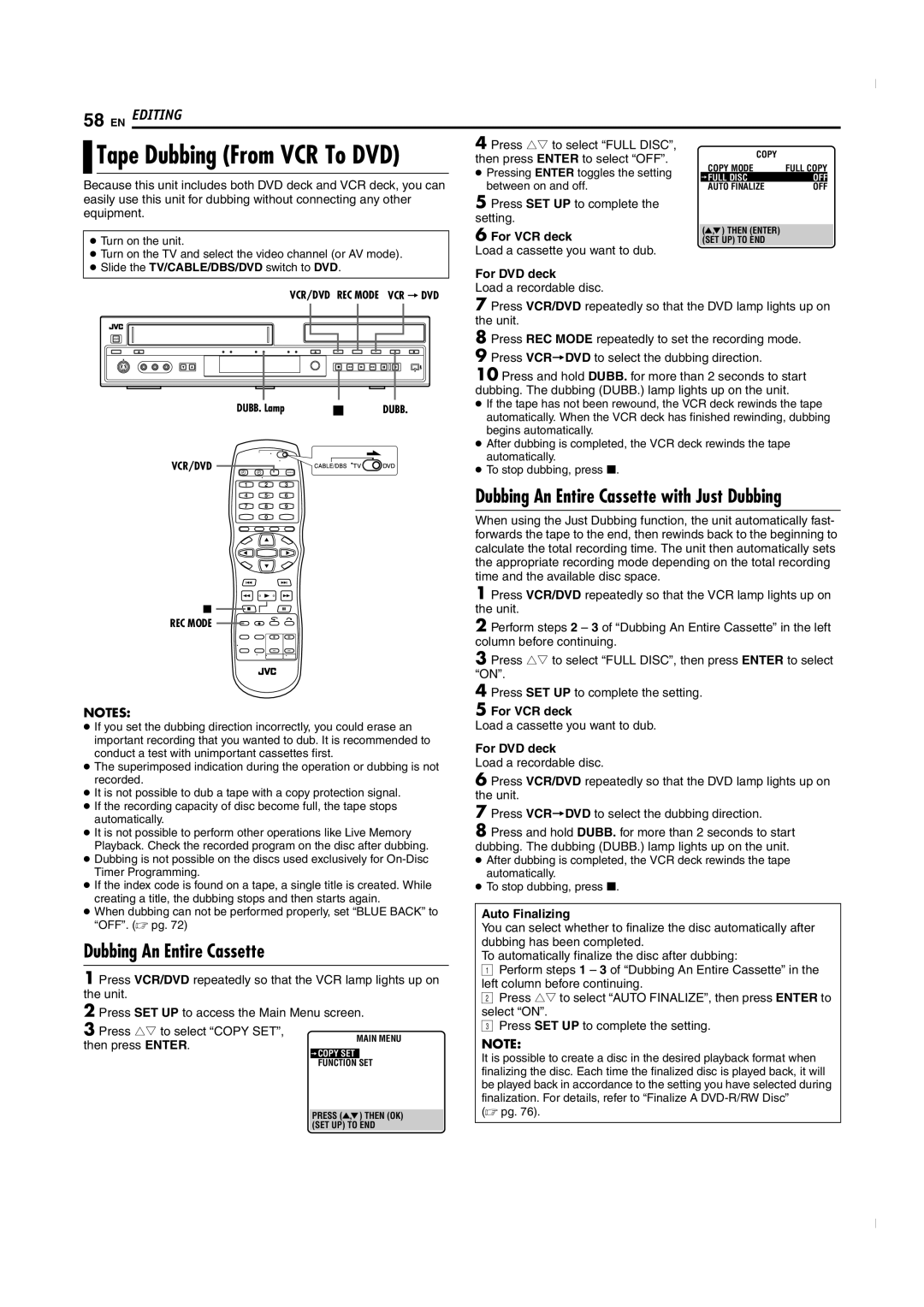 JVC SR-MV50U manual Dubbing An Entire Cassette, For VCR deck, For DVD deck, Auto Finalizing 