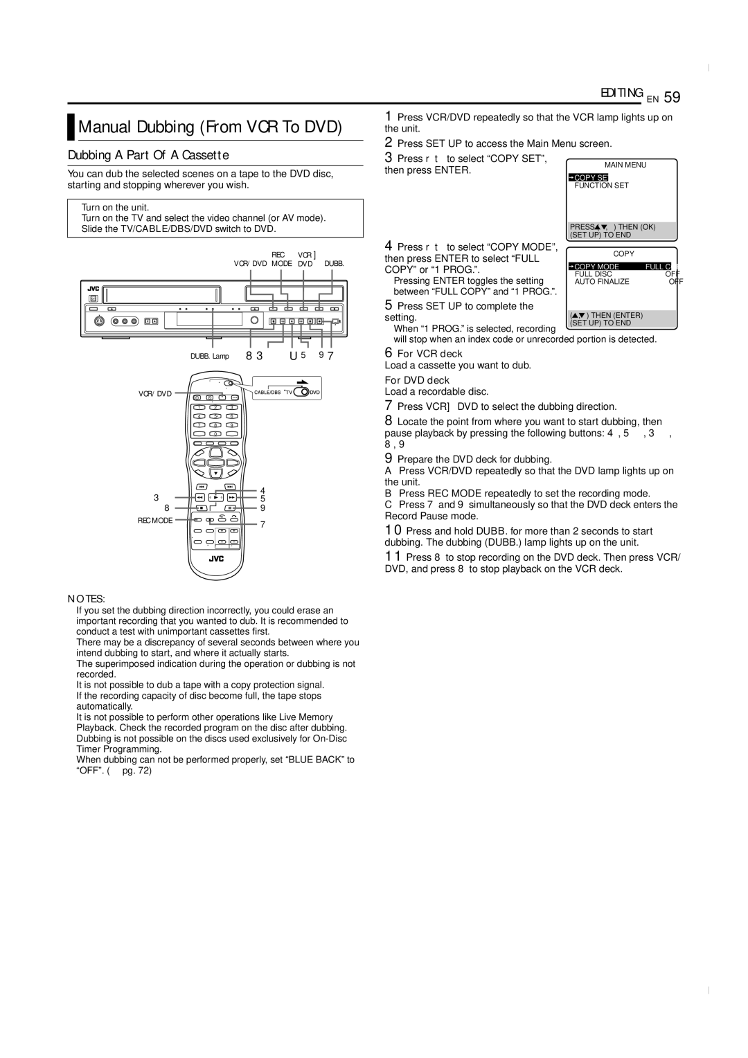 JVC SR-MV50U Dubbing a Part Of a Cassette, Press rt to select Copy Mode, Then press Enter to select Full, Copy or 1 Prog 