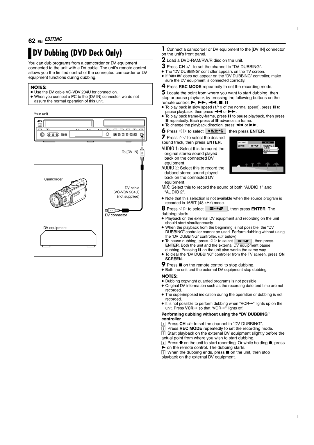 JVC SR-MV50U manual DV Dubbing DVD Deck Only, Performing dubbing without using the DV Dubbing controller 